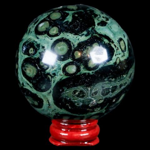 XL 59MM Green Eye Kambaba Jasper Sphere Stromatolite Algae Fossil Peacock Stand - Fossil Age Minerals