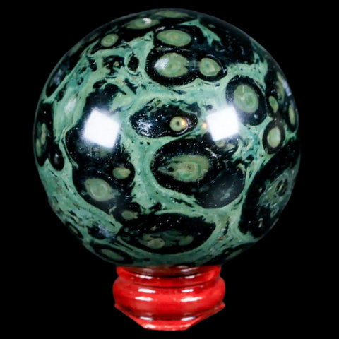 XL 59MM Green Eye Kambaba Jasper Sphere Stromatolite Algae Fossil Peacock Stand - Fossil Age Minerals