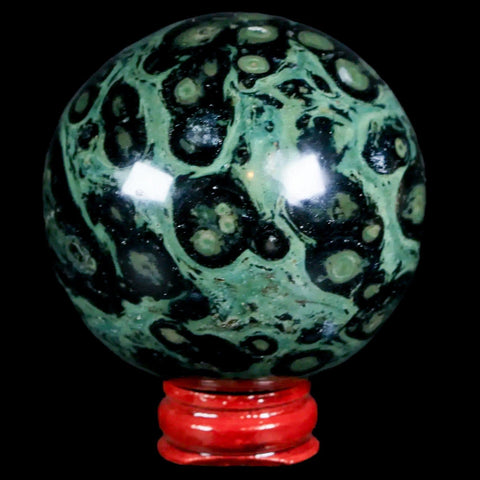 XL 59MM Green Eye Kambaba Jasper Sphere Stromatolite Algae Fossil Peacock Stand - Fossil Age Minerals