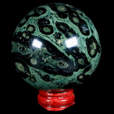 XL 59MM Green Eye Kambaba Jasper Sphere Stromatolite Algae Fossil Peacock Stand - Fossil Age Minerals