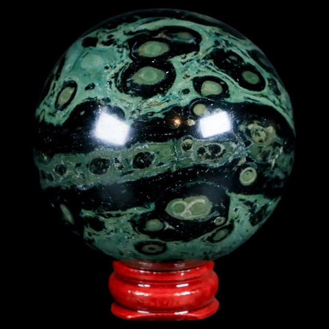 XL 59MM Green Eye Kambaba Jasper Sphere Stromatolite Algae Fossil Peacock Stand - Fossil Age Minerals