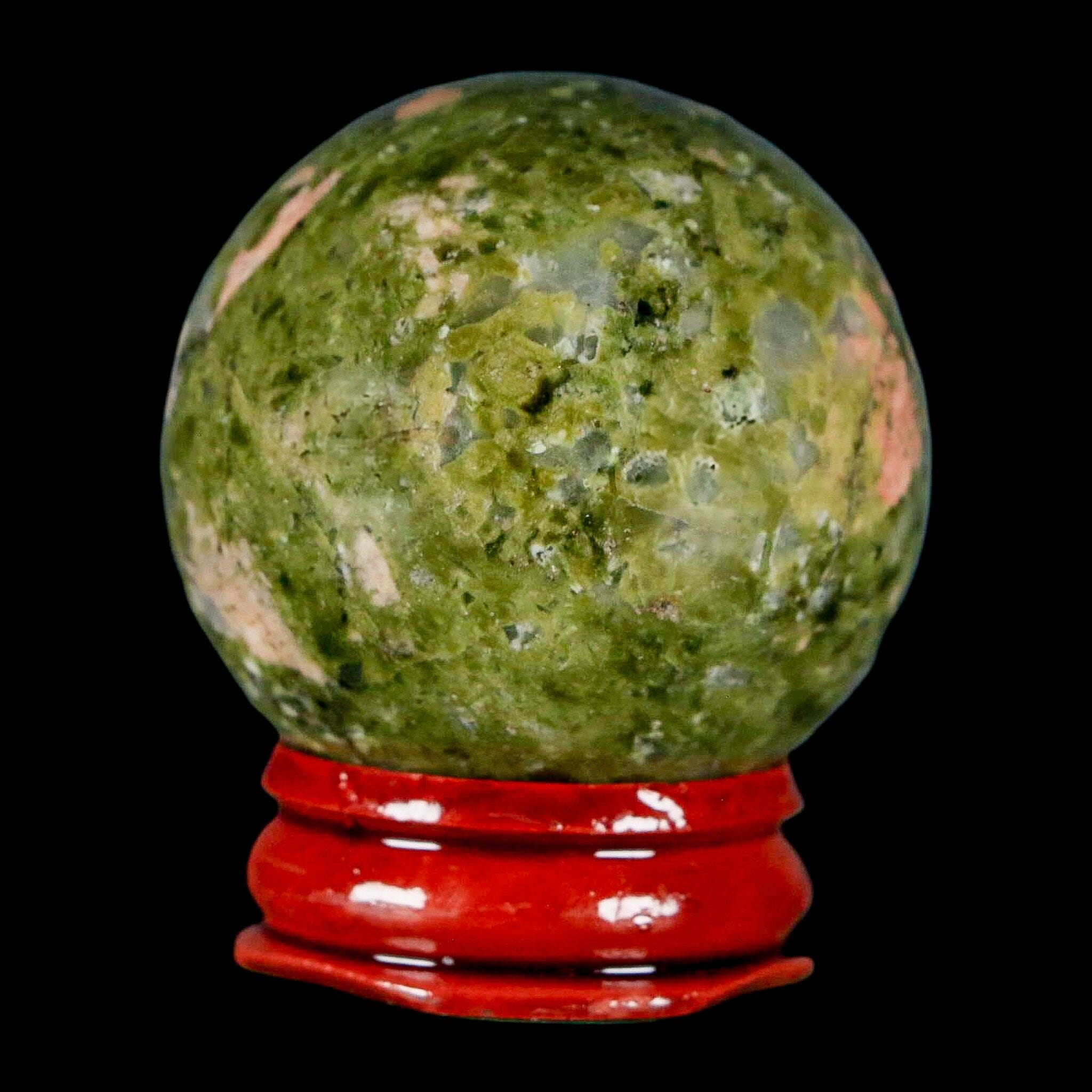 40MM Unakite Sphere Ball Green Epidote Pink Orthoclase Polished Mineral Stand - Fossil Age Minerals