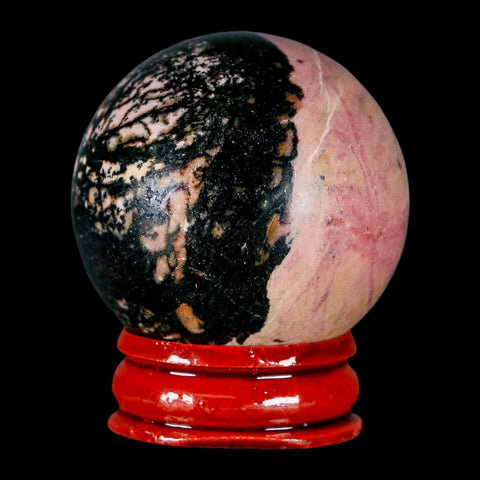 40MM Natural Rhodonite Mineral Crystal Sphere, Ball, Orb Peru Rosewood Stand - Fossil Age Minerals