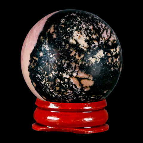 40MM Natural Rhodonite Mineral Crystal Sphere, Ball, Orb Peru Rosewood Stand - Fossil Age Minerals