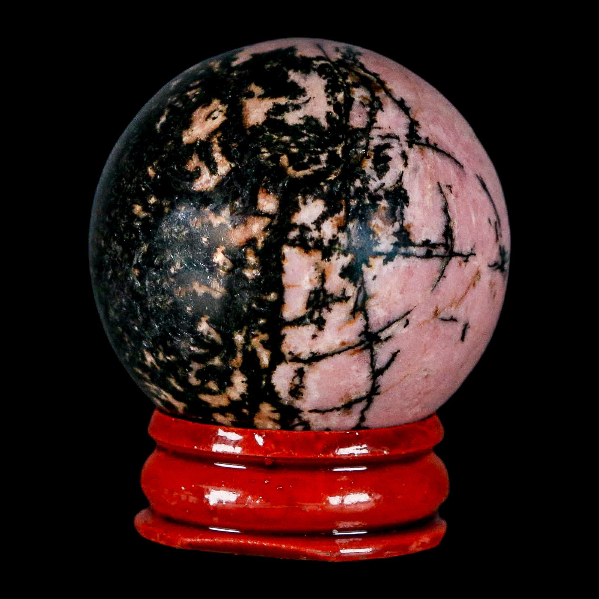 40MM Natural Rhodonite Mineral Crystal Sphere, Ball, Orb Peru Rosewood Stand - Fossil Age Minerals