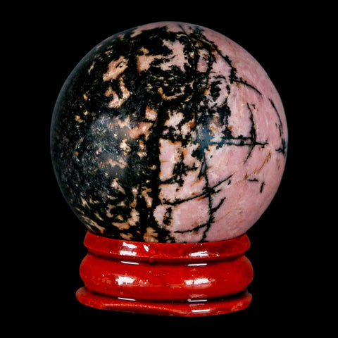 40MM Natural Rhodonite Mineral Crystal Sphere, Ball, Orb Peru Rosewood Stand - Fossil Age Minerals