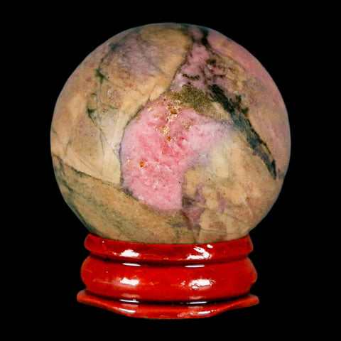 40MM Natural Rhodonite Mineral Crystal Sphere, Ball, Orb Peru Rosewood Stand - Fossil Age Minerals