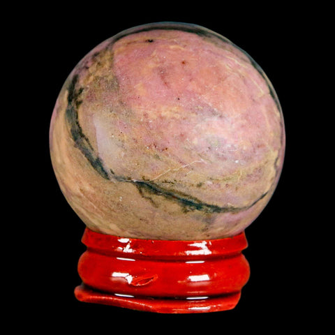 40MM Natural Rhodonite Mineral Crystal Sphere, Ball, Orb Peru Rosewood Stand - Fossil Age Minerals