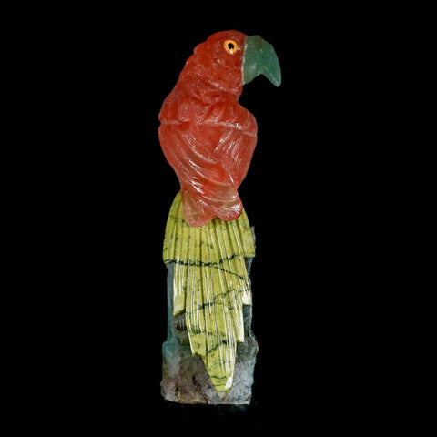 3.8" Hand Carved Bird Perched on Quartz Crystal Parrot Calcite and Serpentine Peru - Fossil Age Minerals