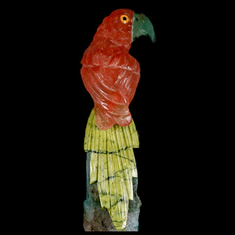 3.8" Hand Carved Bird Perched on Quartz Crystal Parrot Calcite and Serpentine Peru - Fossil Age Minerals