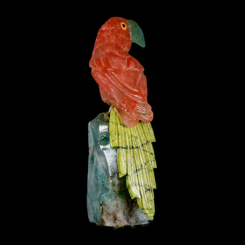 3.8" Hand Carved Bird Perched on Quartz Crystal Parrot Calcite and Serpentine Peru - Fossil Age Minerals