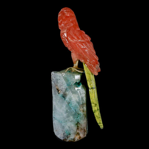 3.8" Hand Carved Bird Perched on Quartz Crystal Parrot Calcite and Serpentine Peru - Fossil Age Minerals