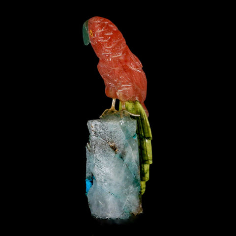 3.8" Hand Carved Bird Perched on Quartz Crystal Parrot Calcite and Serpentine Peru - Fossil Age Minerals