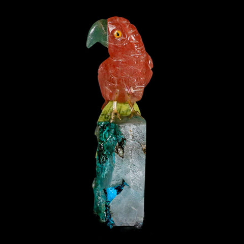 3.8" Hand Carved Bird Perched on Quartz Crystal Parrot Calcite and Serpentine Peru - Fossil Age Minerals