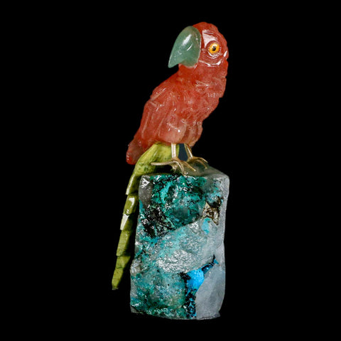 3.8" Hand Carved Bird Perched on Quartz Crystal Parrot Calcite and Serpentine Peru - Fossil Age Minerals