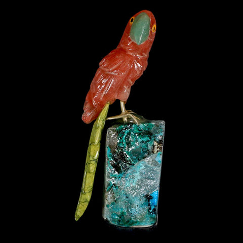 3.8" Hand Carved Bird Perched on Quartz Crystal Parrot Calcite and Serpentine Peru - Fossil Age Minerals