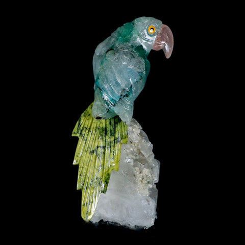 3.8" Hand Carved Bird Perched on Quartz Crystal Parrot Calcite and Serpentine Peru - Fossil Age Minerals
