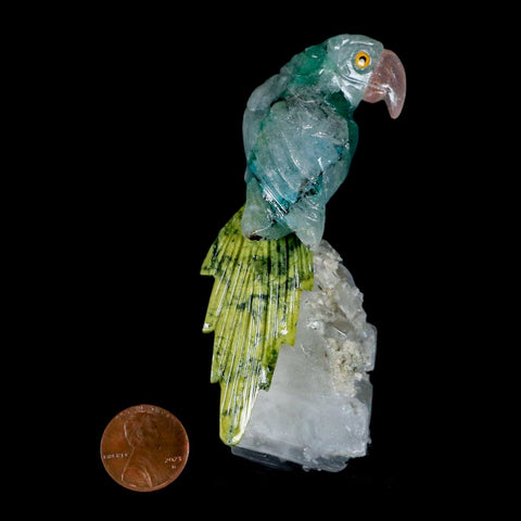 3.8" Hand Carved Bird Perched on Quartz Crystal Parrot Calcite and Serpentine Peru - Fossil Age Minerals