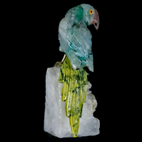 3.8" Hand Carved Bird Perched on Quartz Crystal Parrot Calcite and Serpentine Peru - Fossil Age Minerals