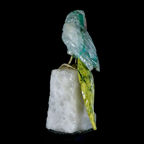 3.8" Hand Carved Bird Perched on Quartz Crystal Parrot Calcite and Serpentine Peru - Fossil Age Minerals
