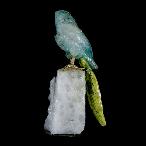 3.8" Hand Carved Bird Perched on Quartz Crystal Parrot Calcite and Serpentine Peru - Fossil Age Minerals