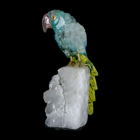 3.8" Hand Carved Bird Perched on Quartz Crystal Parrot Calcite and Serpentine Peru - Fossil Age Minerals