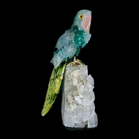 3.8" Hand Carved Bird Perched on Quartz Crystal Parrot Calcite and Serpentine Peru - Fossil Age Minerals