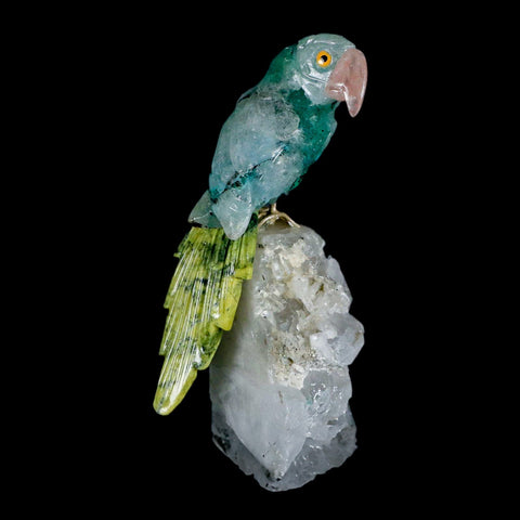 3.8" Hand Carved Bird Perched on Quartz Crystal Parrot Calcite and Serpentine Peru - Fossil Age Minerals