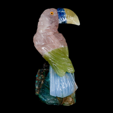 3.3" Hand Carved Bird Perched on Quartz Crystal Toucan Calcite and Rose Quartz Peru - Fossil Age Minerals