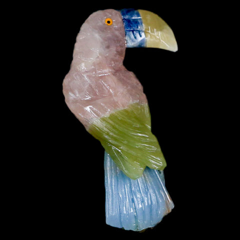 3.3" Hand Carved Bird Perched on Quartz Crystal Toucan Calcite and Rose Quartz Peru - Fossil Age Minerals