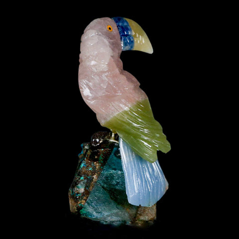 3.3" Hand Carved Bird Perched on Quartz Crystal Toucan Calcite and Rose Quartz Peru - Fossil Age Minerals