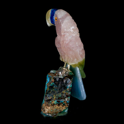 3.3" Hand Carved Bird Perched on Quartz Crystal Toucan Calcite and Rose Quartz Peru - Fossil Age Minerals