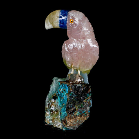 3.3" Hand Carved Bird Perched on Quartz Crystal Toucan Calcite and Rose Quartz Peru - Fossil Age Minerals