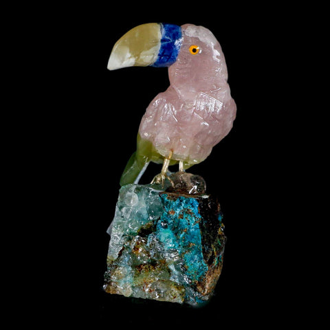 3.3" Hand Carved Bird Perched on Quartz Crystal Toucan Calcite and Rose Quartz Peru - Fossil Age Minerals