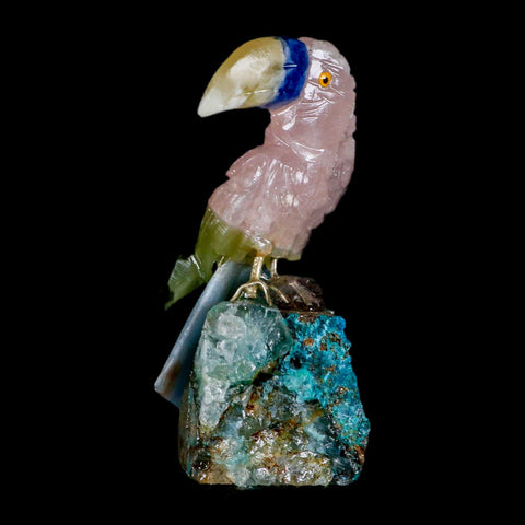 3.3" Hand Carved Bird Perched on Quartz Crystal Toucan Calcite and Rose Quartz Peru - Fossil Age Minerals