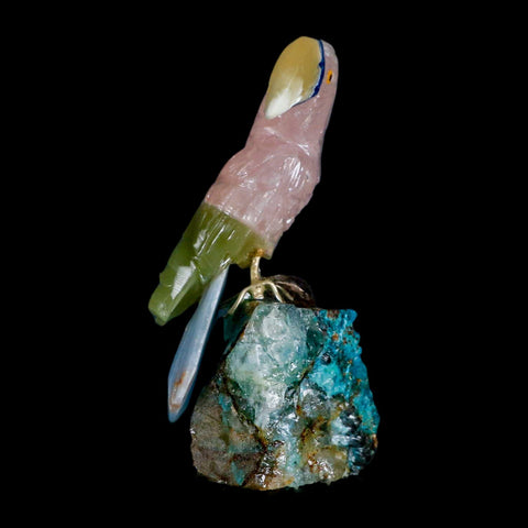 3.3" Hand Carved Bird Perched on Quartz Crystal Toucan Calcite and Rose Quartz Peru - Fossil Age Minerals