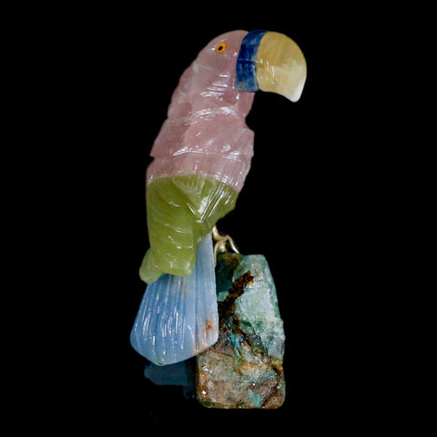 3.3" Hand Carved Bird Perched on Quartz Crystal Toucan Calcite and Rose Quartz Peru - Fossil Age Minerals