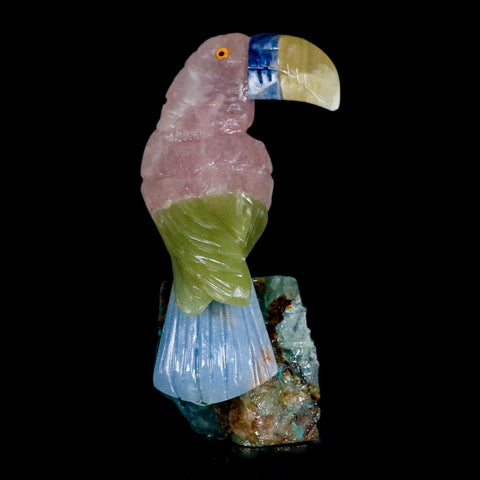 3.3" Hand Carved Bird Perched on Quartz Crystal Toucan Calcite and Rose Quartz Peru - Fossil Age Minerals