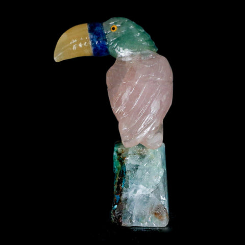 3.2" Hand Carved Bird Perched on Quartz Crystal Toucan Calcite and Rose Quartz Peru - Fossil Age Minerals