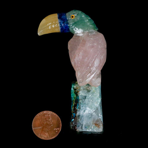 3.2" Hand Carved Bird Perched on Quartz Crystal Toucan Calcite and Rose Quartz Peru - Fossil Age Minerals