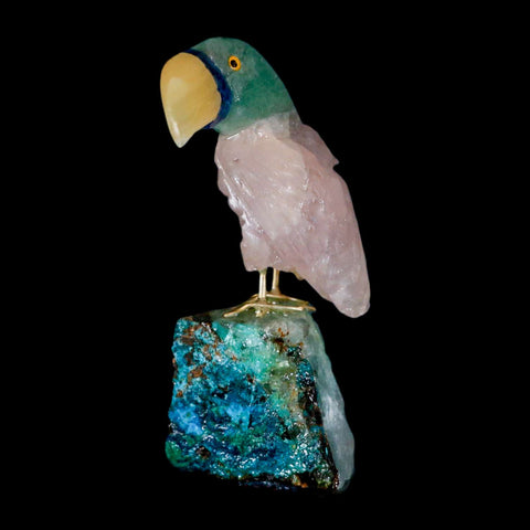 3.2" Hand Carved Bird Perched on Quartz Crystal Toucan Calcite and Rose Quartz Peru - Fossil Age Minerals