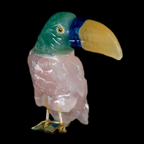 3.2" Hand Carved Bird Perched on Quartz Crystal Toucan Calcite and Rose Quartz Peru - Fossil Age Minerals