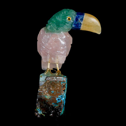 3.2" Hand Carved Bird Perched on Quartz Crystal Toucan Calcite and Rose Quartz Peru - Fossil Age Minerals