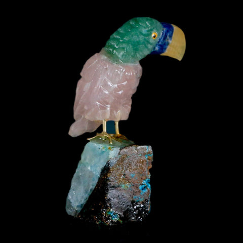 3.2" Hand Carved Bird Perched on Quartz Crystal Toucan Calcite and Rose Quartz Peru - Fossil Age Minerals