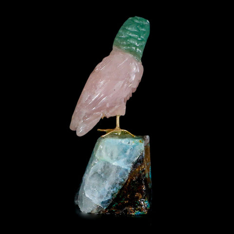 3.2" Hand Carved Bird Perched on Quartz Crystal Toucan Calcite and Rose Quartz Peru - Fossil Age Minerals