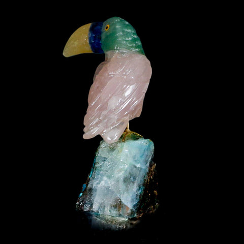 3.2" Hand Carved Bird Perched on Quartz Crystal Toucan Calcite and Rose Quartz Peru - Fossil Age Minerals