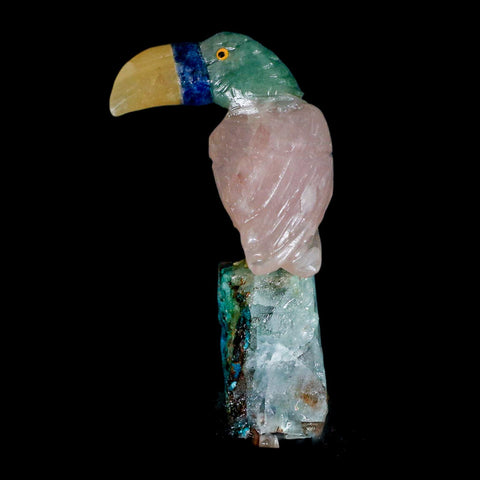 3.2" Hand Carved Bird Perched on Quartz Crystal Toucan Calcite and Rose Quartz Peru - Fossil Age Minerals