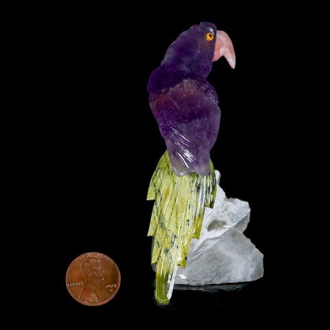 3.8" Hand Carved Bird Perched on Quartz Crystal Parrot Calcite and Serpentine Peru - Fossil Age Minerals