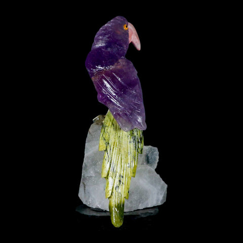 3.8" Hand Carved Bird Perched on Quartz Crystal Parrot Calcite and Serpentine Peru - Fossil Age Minerals