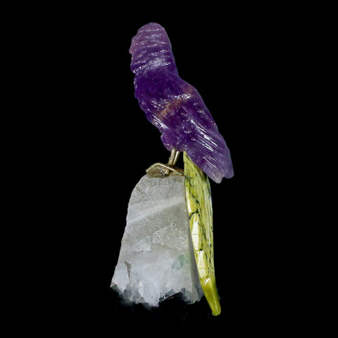3.8" Hand Carved Bird Perched on Quartz Crystal Parrot Calcite and Serpentine Peru - Fossil Age Minerals